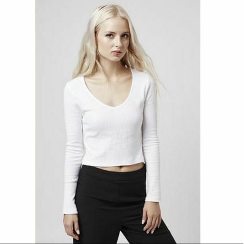 Topshop White Ribbed Crop Top Deep V-Neck long sleeve never used new